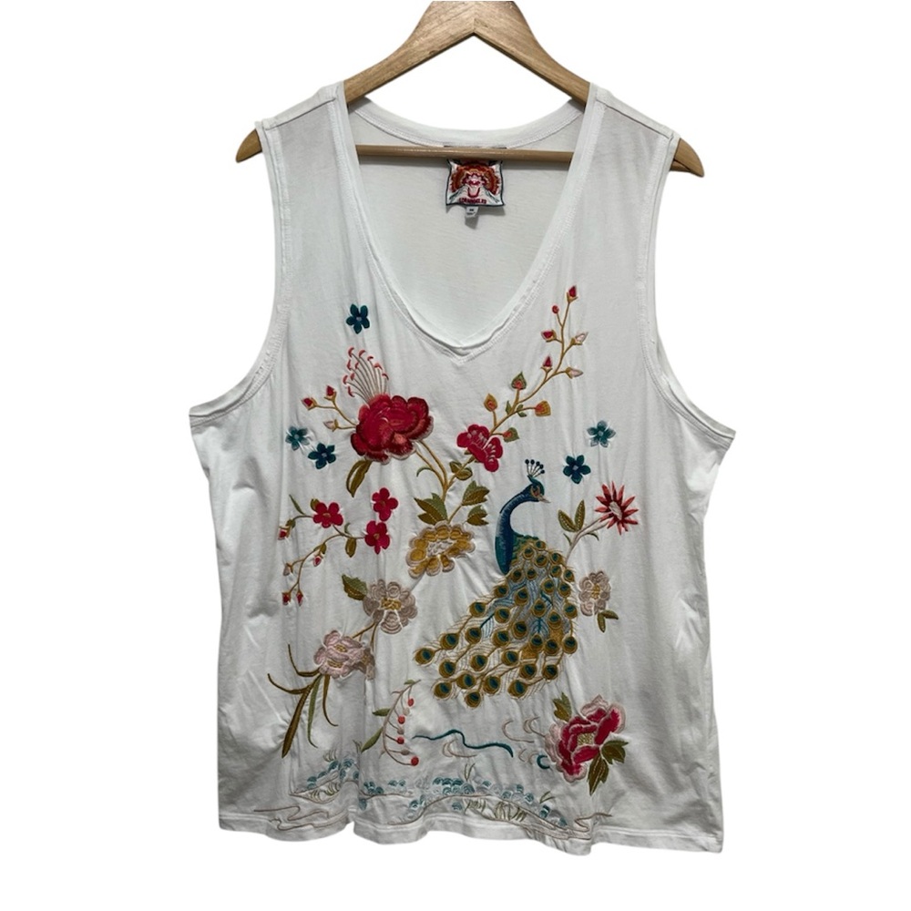 Johnny Was White Tank Top with Multicolor Floral & Peacock Embroidery - Picture 2 of 11